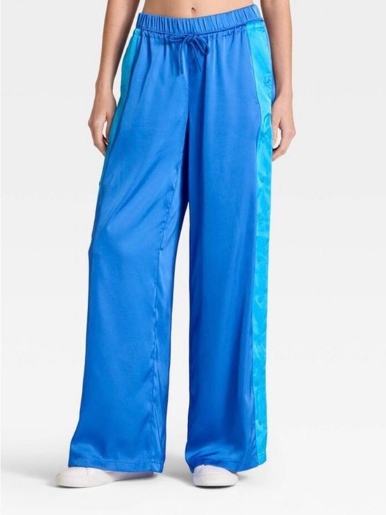 JoyLab Pants - JoyLab Satin Tear Away Track Pants Blue Teal Side Stripe Size